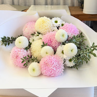 Blushing harmony flower bouquet with pink and white chrysanthemums